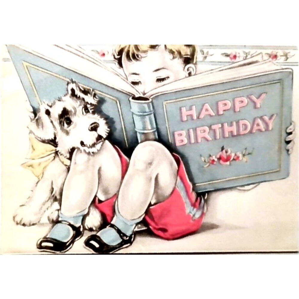 Mid Century Vintage Happy Child Reads Book Birthday Card with Pop-Up Puppy Dog